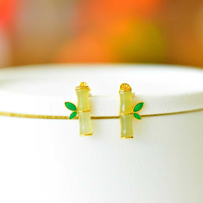 925 Silver Inlaid Hetian Qinghai Jade "Bamboo Joint & Steady Progress" Earrings