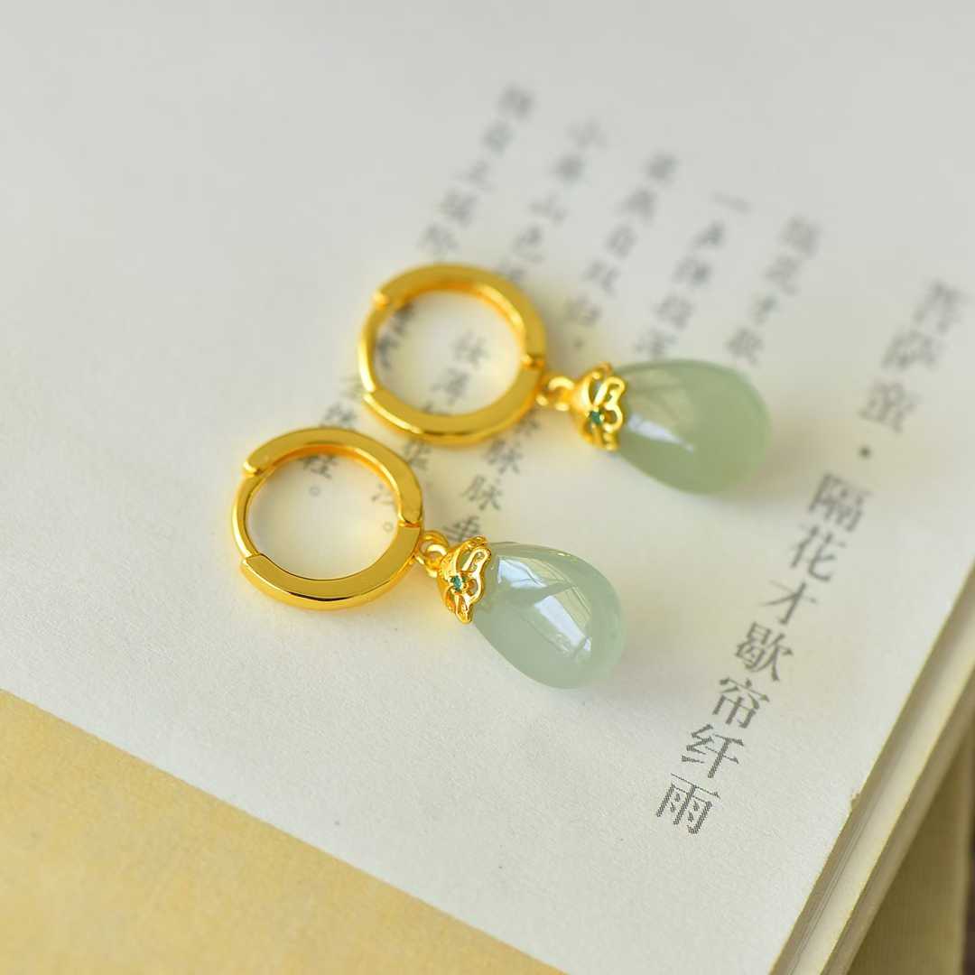925 Silver Inlaid Qinghai White Nephrite "Golden Breeze & Jade Dew" Teardrop Stud Earrings