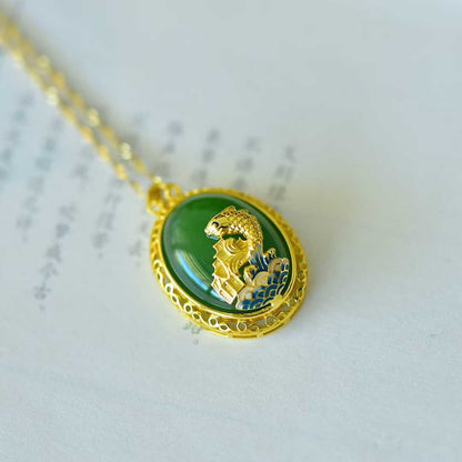 925 Silver Inlaid Hetian Jasper "Cabochon & Fish Leaping Over the Dragon Gate" Pendant