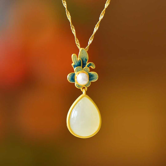 Vintage-Style Silver Inlaid Hetian Nephrite "Lush Orchid" Teardrop Jewelry Set