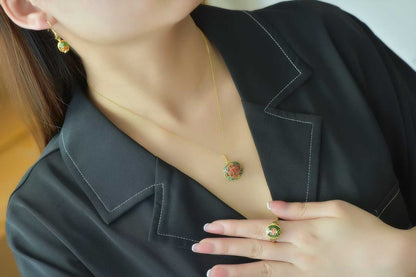 925 Silver Inlaid Hetian Green Nephrite "Contentment & Fulfillment" Jewelry Set