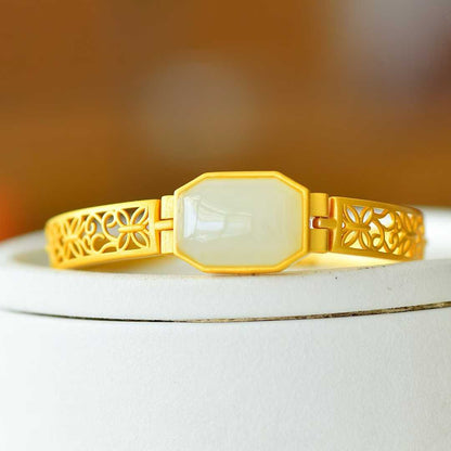 925 Silver Inlaid Hetian Nephrite "Hollowed-Out Cabochon" Bracelet