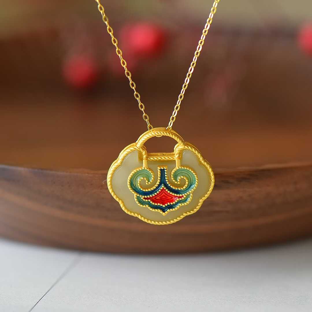 S925 Silver Inlaid Nephrite Enamel Ruyi Lock Pendant