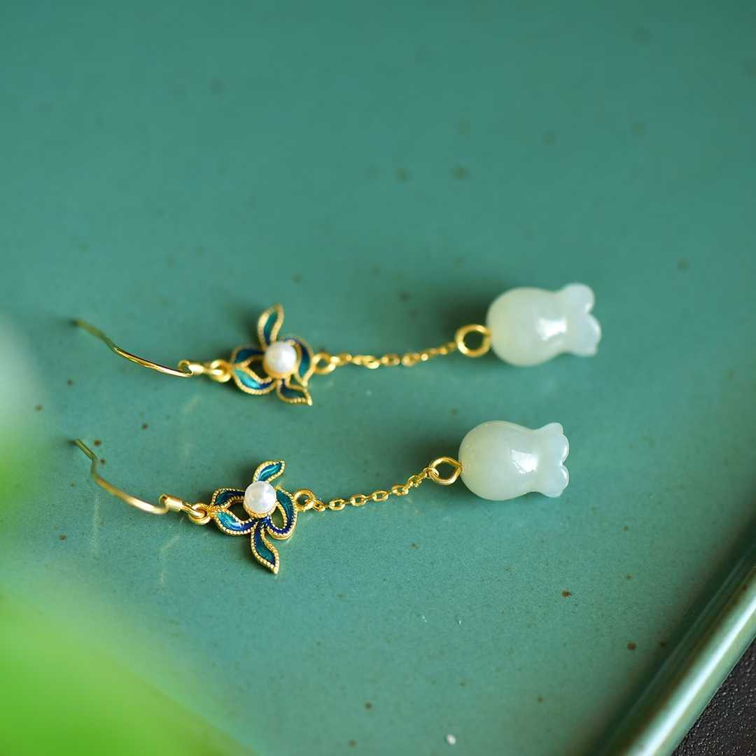S925 Silver Inlaid Nephrite Wind Chime Flower Earrings