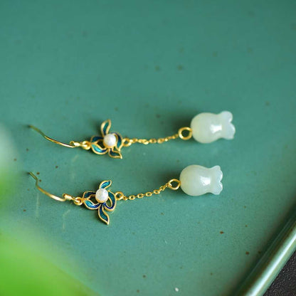 S925 Silver Inlaid Nephrite Wind Chime Flower Earrings