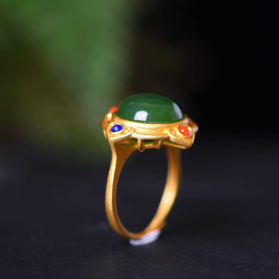 925 Silver Inlaid Vintage-Style Silver & Green Jade Cabochon Ring