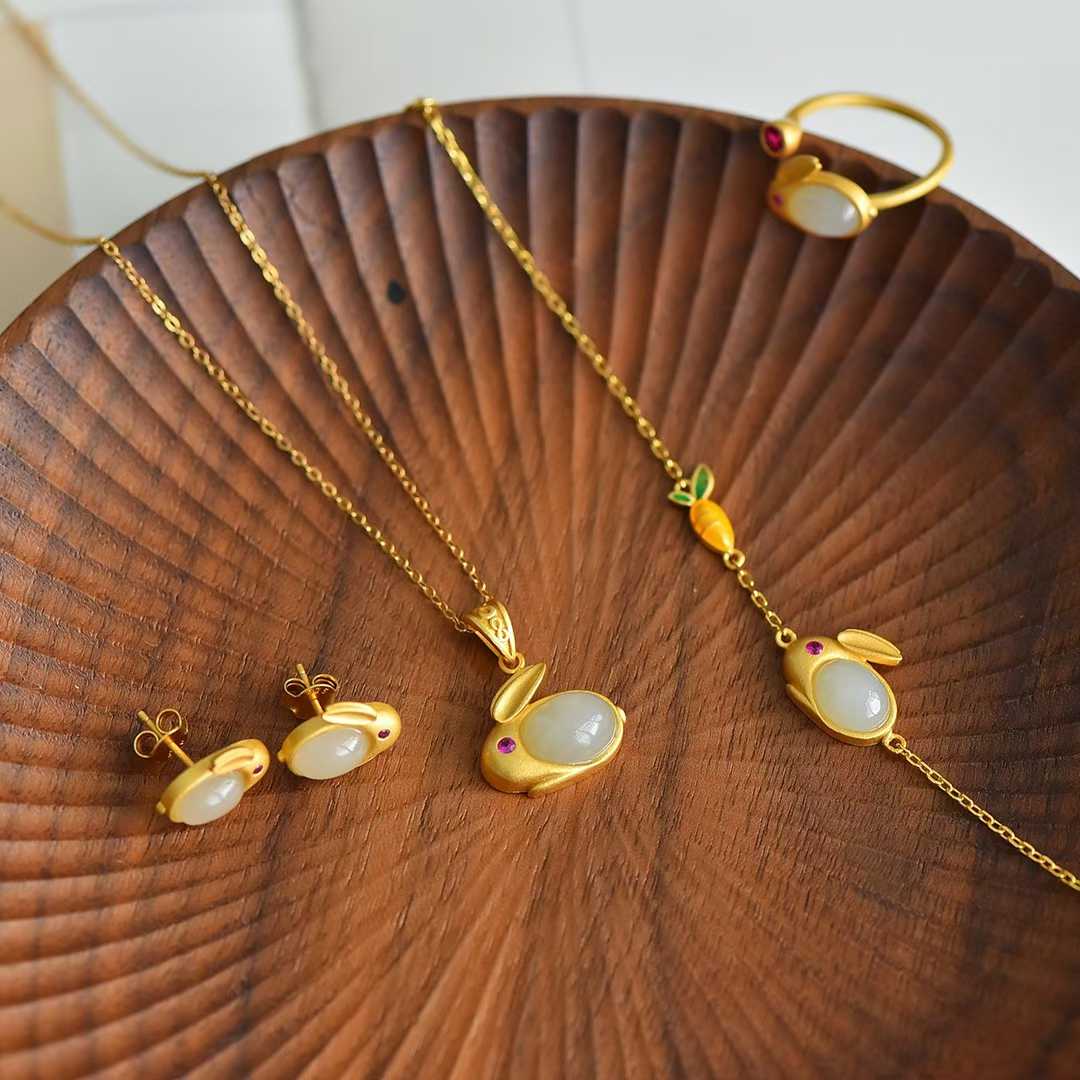 Ancient-Style Silver & Hetian Nephrite Little Rabbit Set with Thick Matte Gold Finish