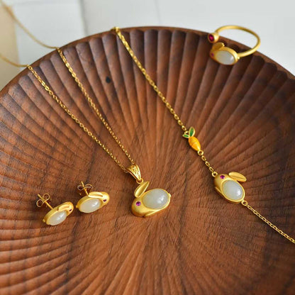 Ancient-Style Silver & Hetian Nephrite Little Rabbit Set with Thick Matte Gold Finish