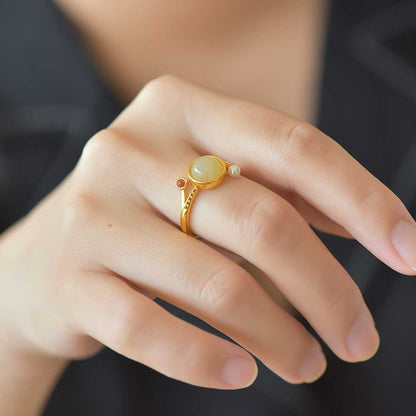 925 Silver Inlaid White Hetian Nephrite "Complete & Perfect" Round Ring