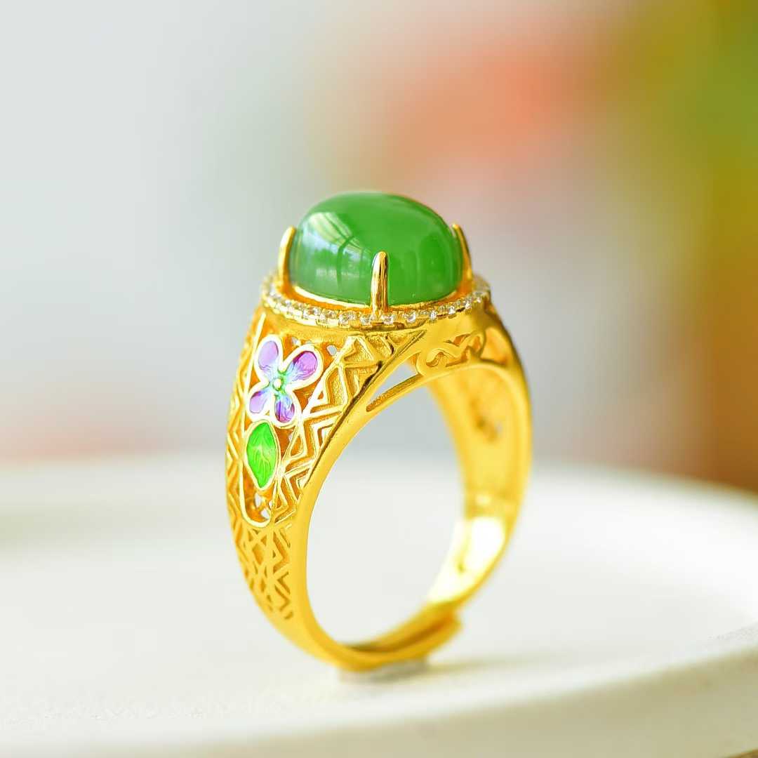 925 Silver Inlaid Blue Enamel, Hetian Spinach Green Nephrite Cabochon & Zircon Ring