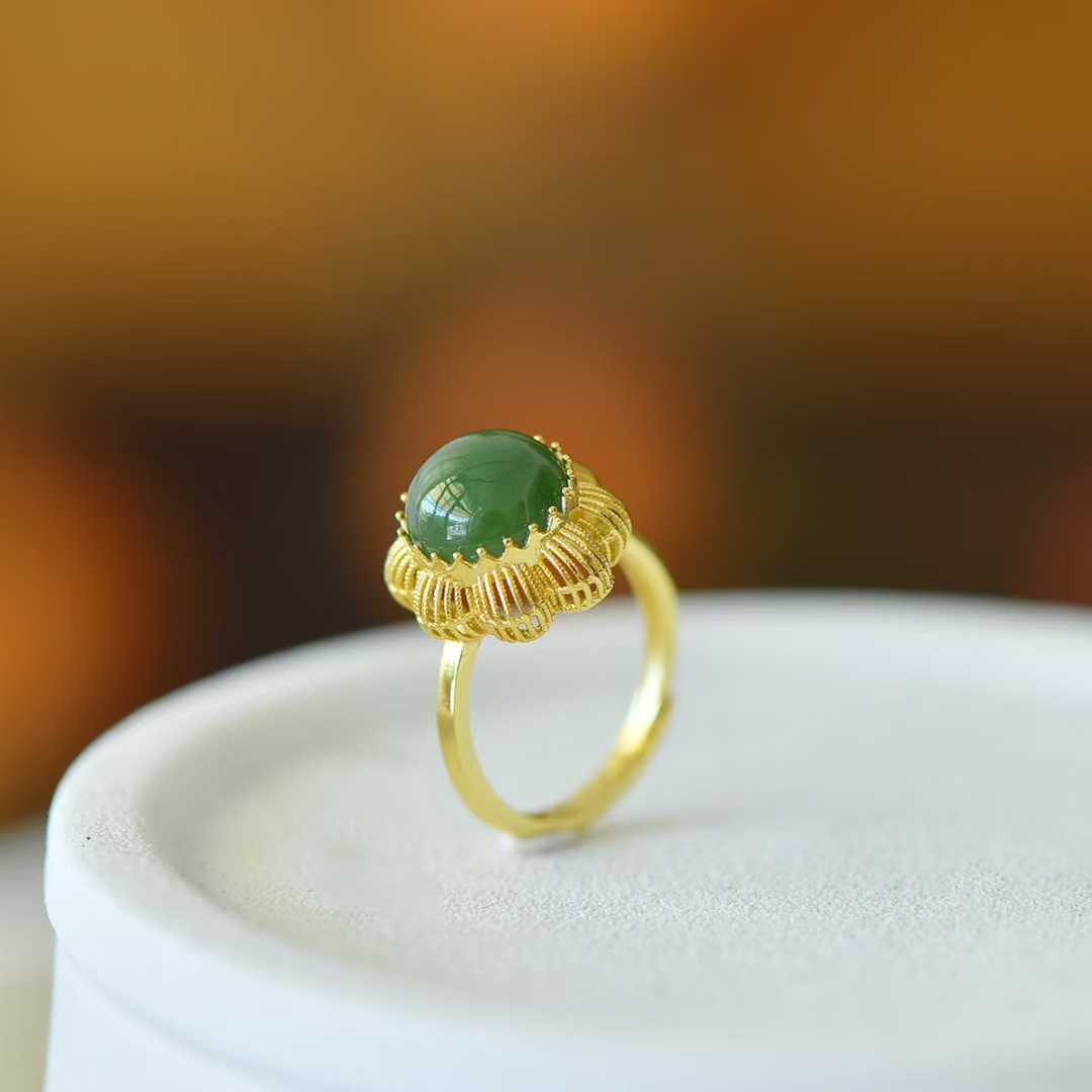 925 Silver Inlaid Hetian Nephrite Cabochon Hollow-Out Ring