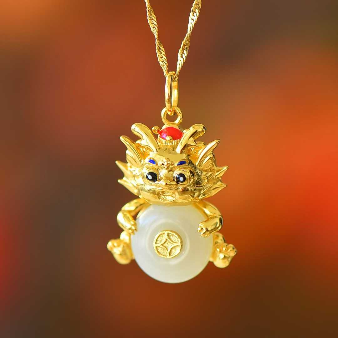 925 Silver Inlaid Nephrite "Ping An Kou" with "Flowing Wealth" Little Fortune Dragon Pendant