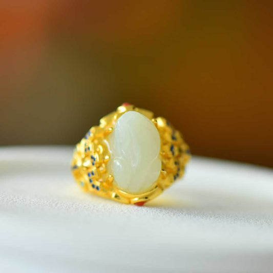 925 Silver Inlaid Hetian Nephrite "Attract Wealth & Treasure" Pixiu Ring