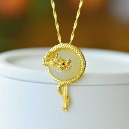 925 Silver-Inlaid Hetian Jade Pendant with Round Drum-Shaped Surface & "Dragon Soaring Across the Four Seas" Design