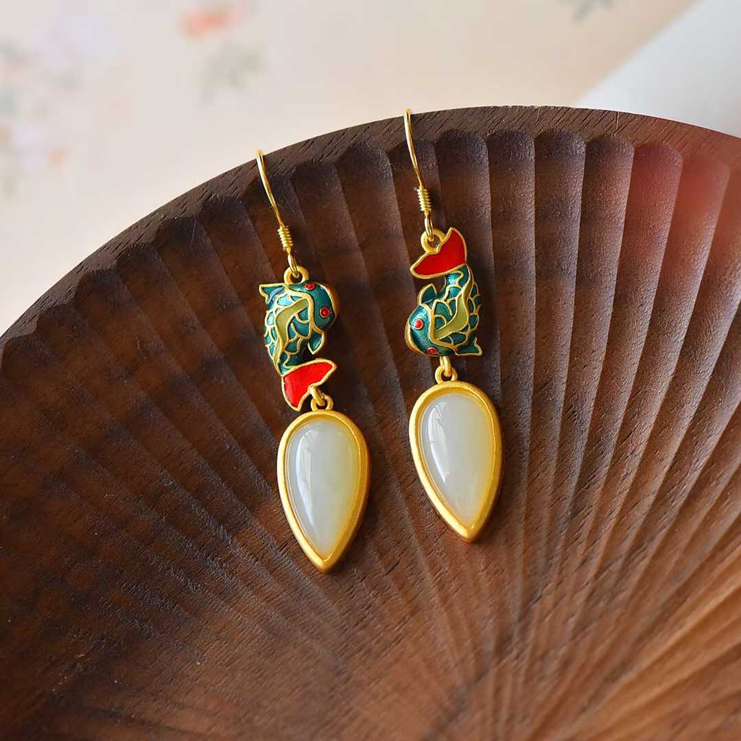 Ancient-Style Silver Inlaid Hetian Nephrite "Lotus & Fish (Year After Year Abundance)" Enamel Set