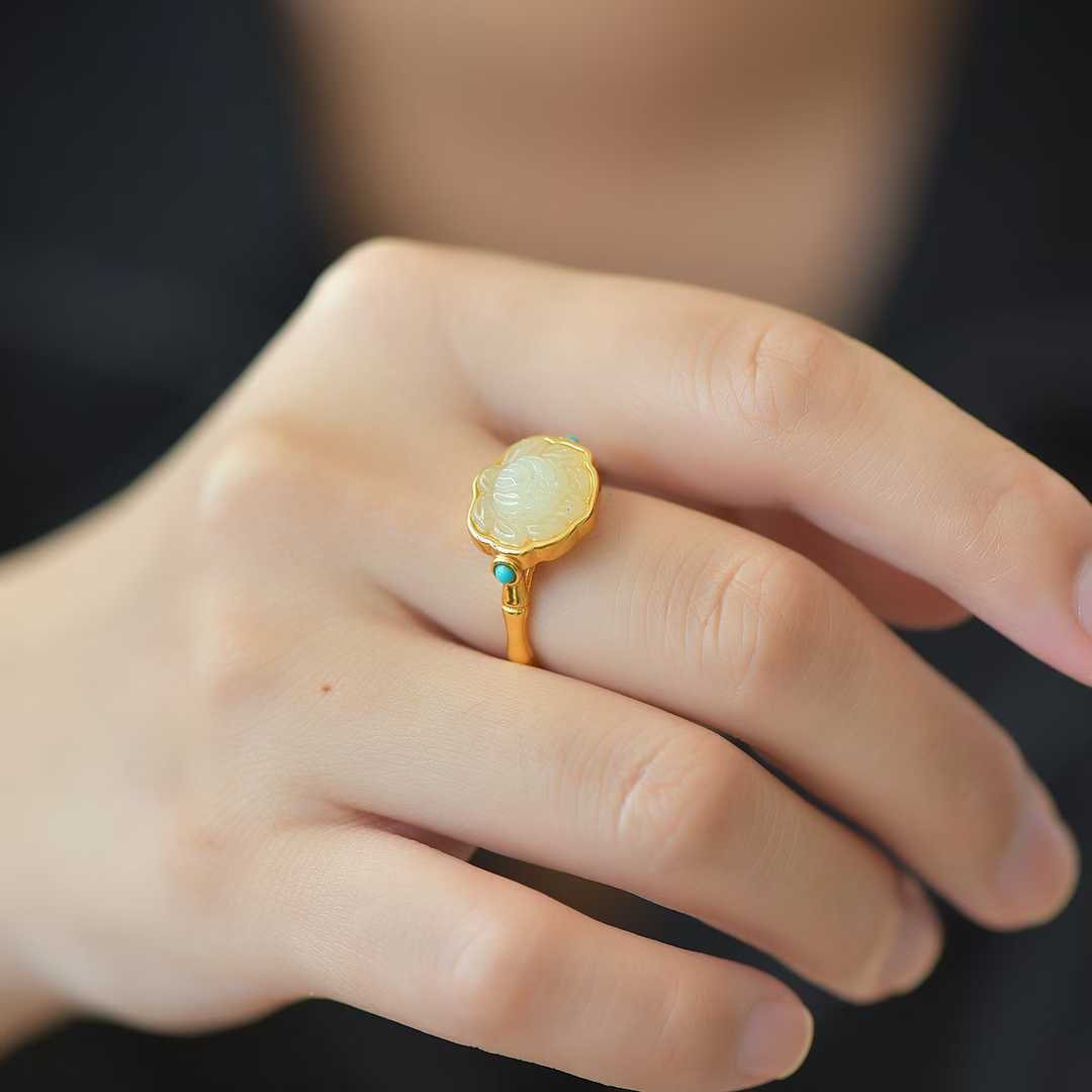 S925 Silver Inlaid Hetian Nephrite "Silver Lotus & Ruyi" Ring