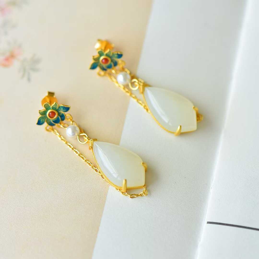 Close-up of Hetian jade with enamel detail - elegant earrings
