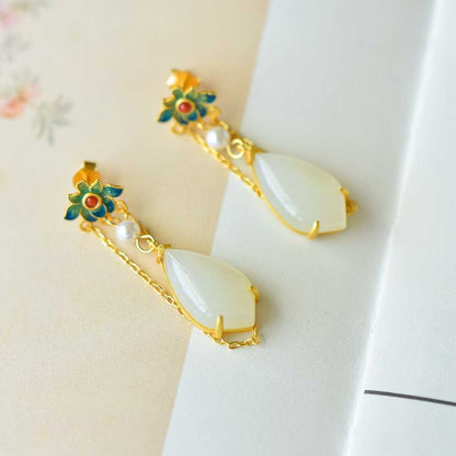 Close-up of Hetian jade with enamel detail - elegant earrings

