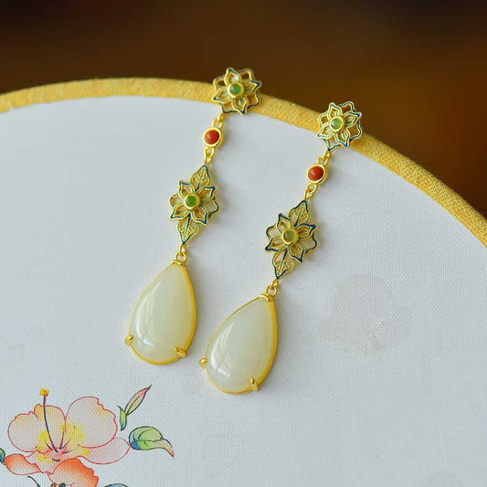 925 Silver Inlaid Nephrite "Flowers Bloom in Prosperity" Teardrop Earrings