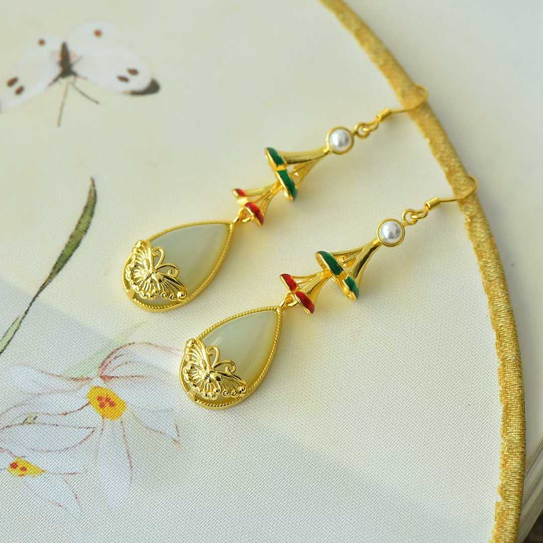 925 Silver Inlaid Nephrite "Dream Butterfly" Teardrop Earrings