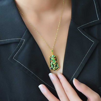 925 Silver-Inlaid Hetian Green Jade Pendant (Trapezoidal Peace Plaque, Magnolia & Flower-Grass Design)