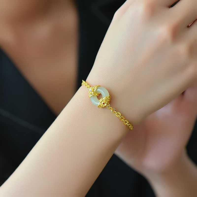 925 Silver Inlaid Enamel & Hetian Nephrite "Peace Always" Bracelet