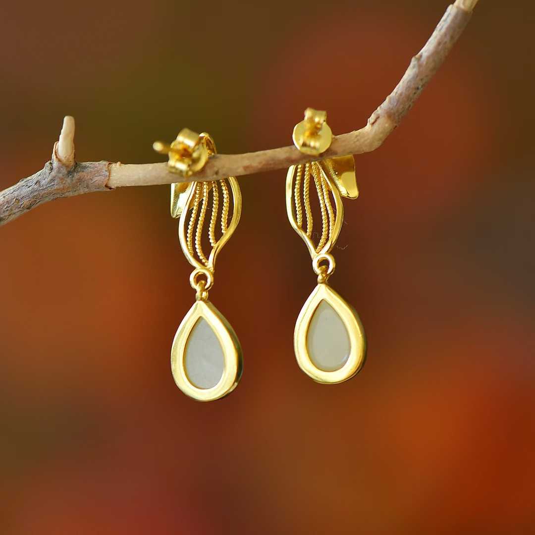 925 Silver Inlaid Hetian Nephrite "Golden Branch & Jade Leaf" Earrings
