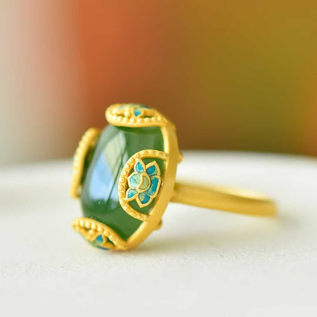 925 Silver Inlaid Hetian Spinach Green Nephrite Cabochon "Colorful Butterflies & Continuous Luck" Enamel Butterfly Ring