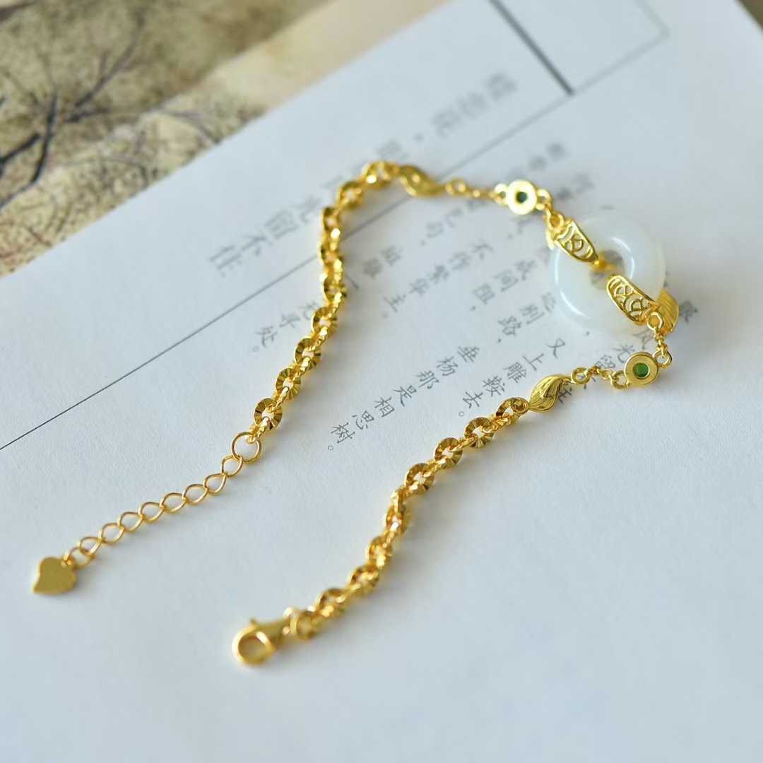 925 Silver Inlaid Hetian Nephrite "Bread Loaf Bead & Phoenix Tail" Bracelet