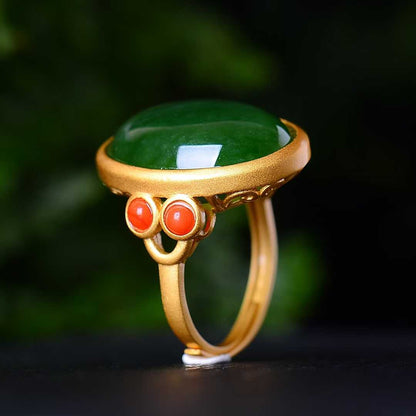 925 Silver Inlaid Nephrite Green Jade Cabochon Matte Gold Ring