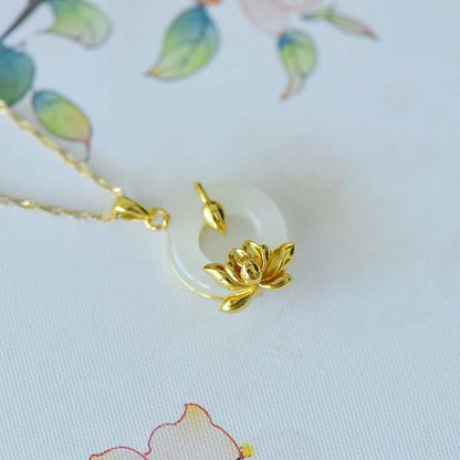 925 Silver Inlaid Hetian Nephrite Peace Ring & Lotus Pendant