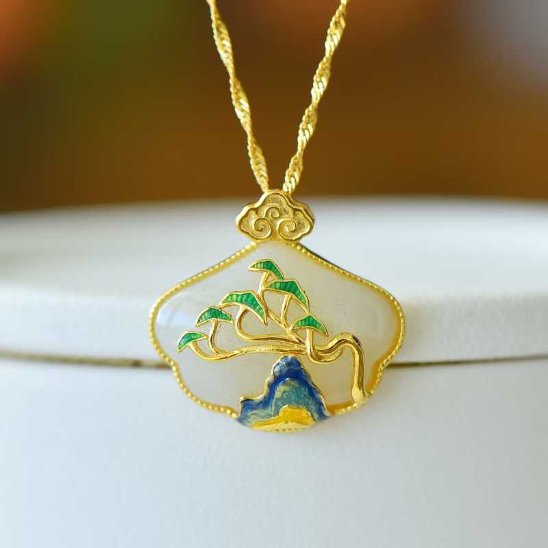 925 Silver Inlaid Hetian Nephrite "Wanli Rivers & Mountains" Ruyi Lock Pendant