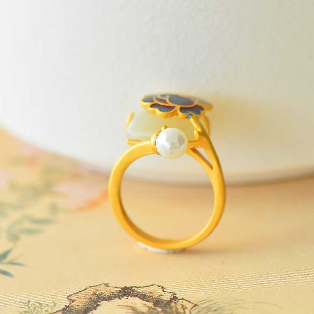 S925 Silver Inlaid Hetian Nephrite Peony Enamel Ring
