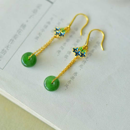 925 Silver Inlaid Hetian Green Nephrite "Peace & Smooth Sailing" Earrings