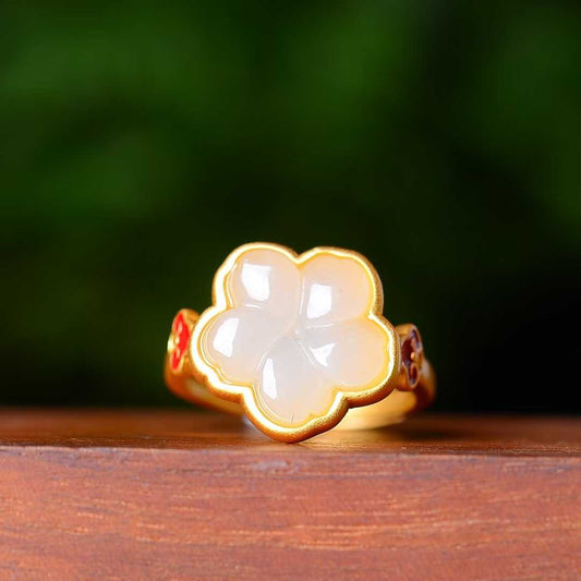 925 Silver Inlaid Hetian Jade Five-Petal Flower Four-Piece Set