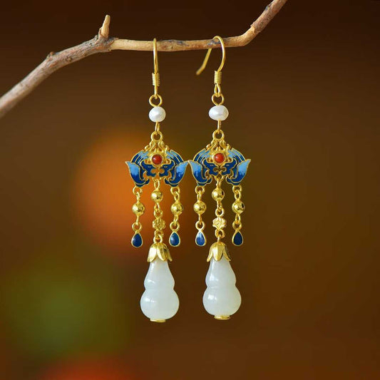 925 Silver Inlaid Hetian Nephrite "Gourd: Fortune & Blessing" Tassel Earrings