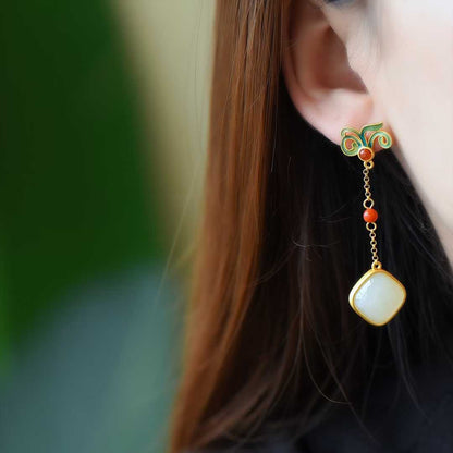 925 Silver Inlaid Natural Nephrite Drum-Face Earrings