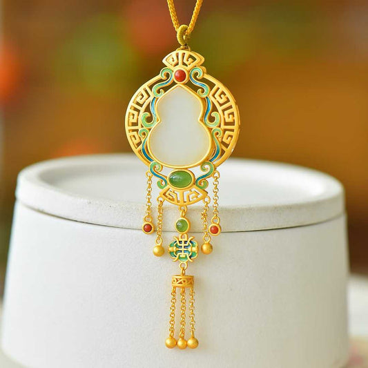925 Silver Inlaid Nephrite "Gourd" Vintage Pendant for Adding Blessings and Good Fortune