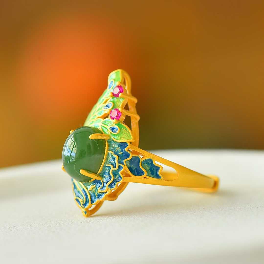 925 Silver Inlaid Hetian Spinach Green Nephrite Cabochon Peacock Enamel Ring