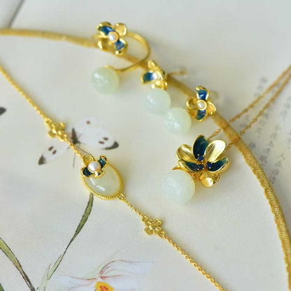 Ancient-Style Silver Inlaid Hetian Nephrite "Lotus & Annual Auspiciousness" Jewelry Set