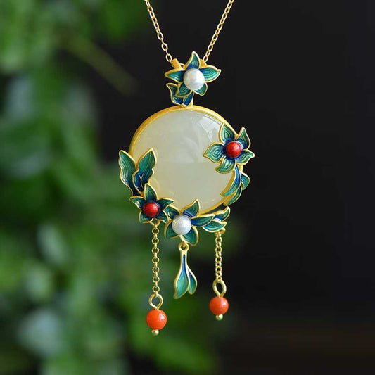 S925 Silver Inlaid Hetian Nephrite "Golden Orchid" Pendant