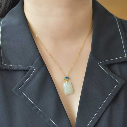 925 Silver-Inlaid Hetian Jade Pendant (Trapezoidal Peace Plaque, Auspicious Clouds & Ruyi Design)