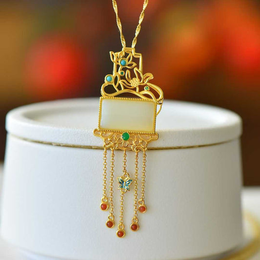 925 Silver-Inlaid Hetian Jade Pendant with "Lotus (Symbolizing Harmony & Bliss)" Design & Tassel