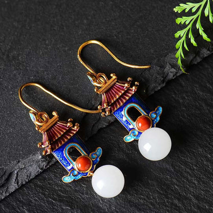 925 Silver Inlaid 10mm White Jade Enamel Earrings