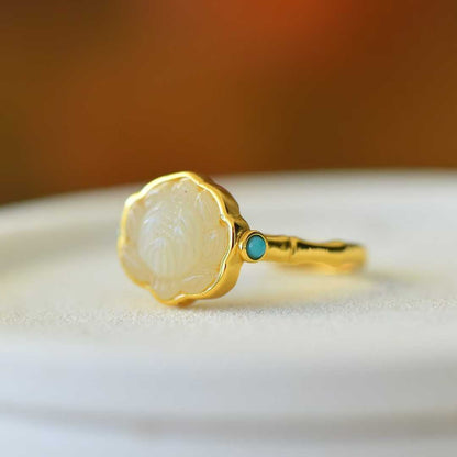 S925 Silver Inlaid Hetian Nephrite "Silver Lotus & Ruyi" Ring