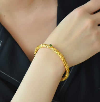 925 Silver Inlaid Hetian Jadeite (Jasper) "Cabochon & All Wishes Come True" Hollowed-Out Bracelet