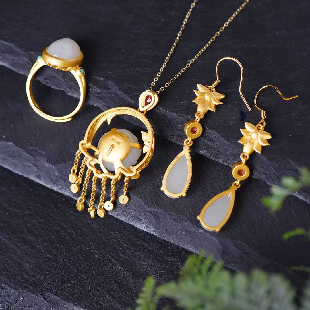 925 Silver Inlaid Hetian Jade and Enamel Set