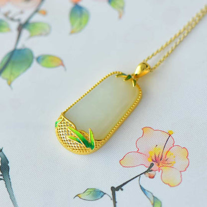 925 Silver-Inlaid Hetian Jade Pendant (Trapezoidal Peace Plaque, "Magnolia & Bamboo Convey Peace" Design)