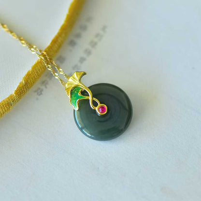 925 Silver Inlaid Hetian Nephrite "Peace Buckle & Lifetime of Good Fortune" Pendant/Jewelry Set