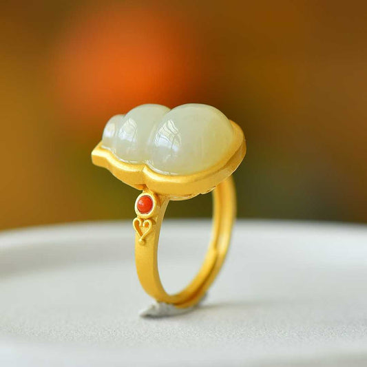 925 Silver Inlaid Hetian White Nephrite Gourd Ring